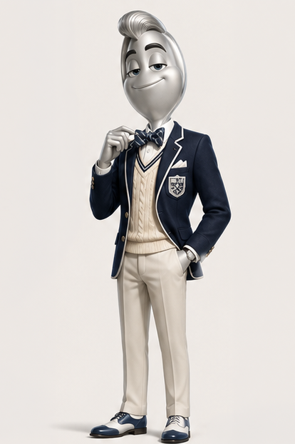 Thurston the spoon mascot adjusting his striped bow tie with a knowing smile