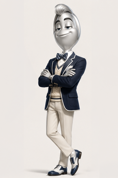Thurston the spoon mascot standing with arms crossed and ankles casually crossed, looking politely unimpressed